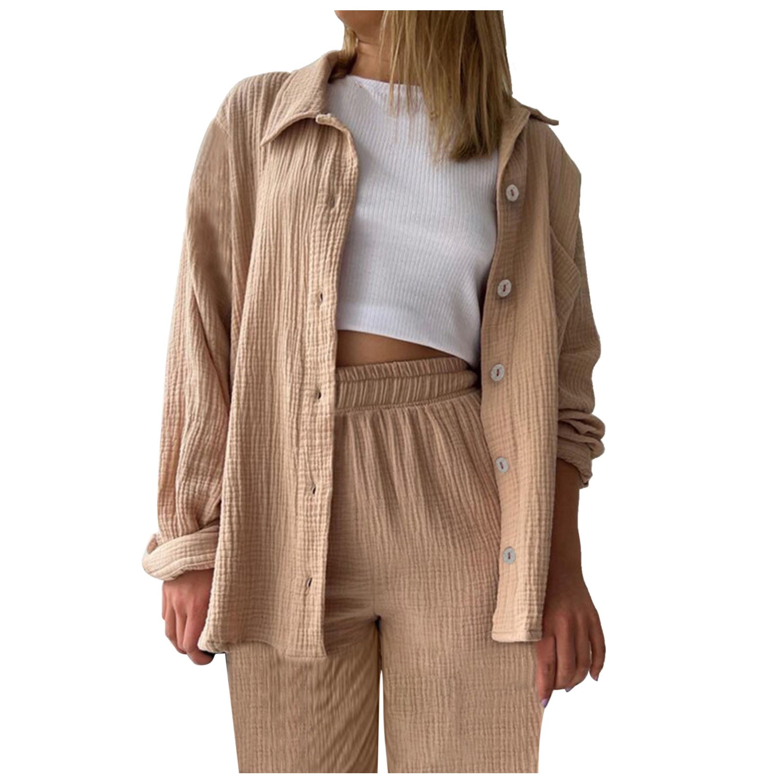 thumbnail image 1 of Conjunto de 2 piezas para mujer: pantalones anchos y blusa con cuello en V - Ropa informal con cintura elástica - Poliéster, S-XL, 1 of 5